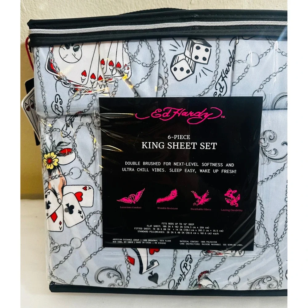 Ed Hardy King Sheet Set 6 Pc Skull Cards Dice Tattoo Bedding New Y2K Home Decor